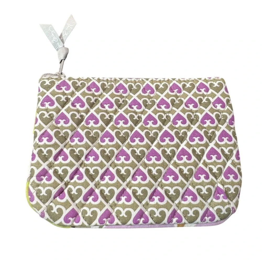 Vera Bradley Quilted Pouch Wallet Olive Green Purple Hearts Zipper Small Clutch‎